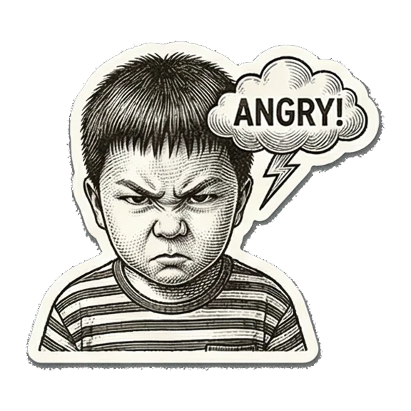 Angry boy with ANGRY! bubble. Little Boy's Engraved Emotions sticker for expressive chats and social replies.