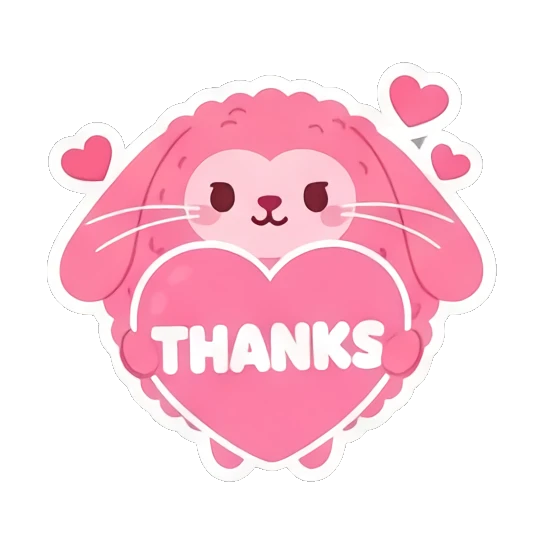 Pink bunny holding a heart with 'THANKS' text. Pink Fluffy Bunny Emotions sticker for expressive chats and social replies.