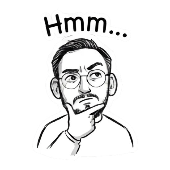 Bearded man thinking with hand on chin, Hmm text. Doodle Guy Daily Vibes sticker for expressive chats and social replies.
