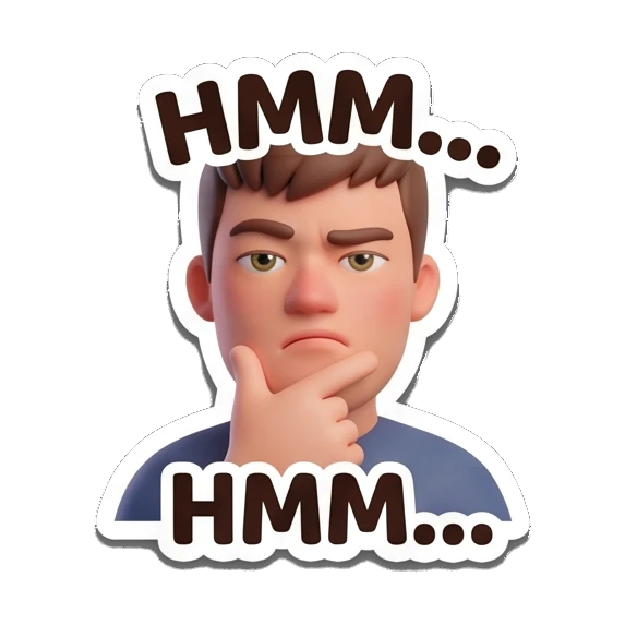 Boy thinking with hand on chin and HMM... text Cheerful 3D Boy Daily Expressions sticker for expressive chats and social replies.