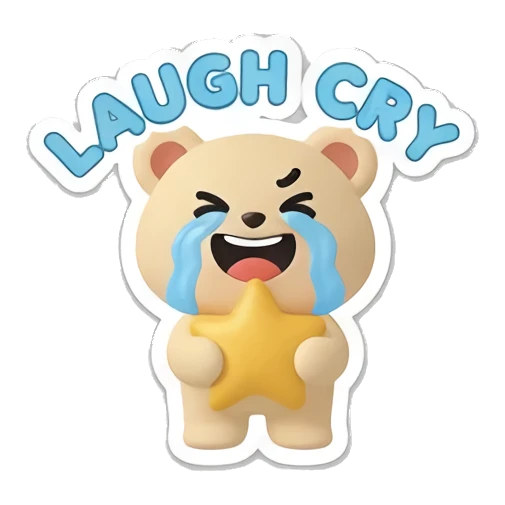 Bear crying with a star and LAUGH CRY text. Cheerful Clay Bear Buddies sticker for expressive chats and social replies.