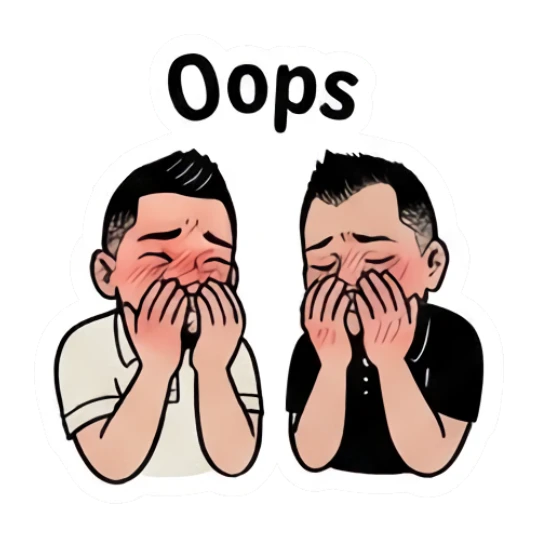 Twin brothers looking embarrassed and covering faces with 'Oops' text. Twin Brothers Daily Vibe sticker for expressive chats and social replies.