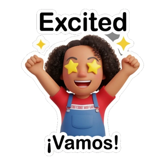 Curly hair girl excited with star eyes and raised arms with text Excited Curly Hair Girl Daily Vibes sticker for expressive chats and social replies.