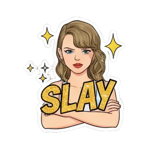 Pop star looking confident with arms crossed and 'SLAY' text Pop Star Daily Vibes sticker for expressive chats and social replies.