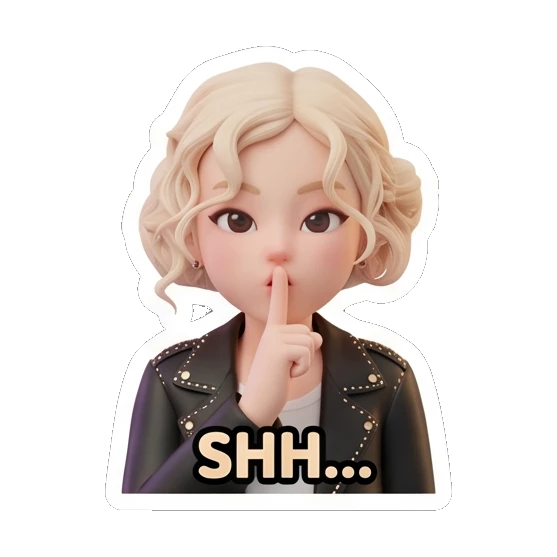 金发女孩食指抵唇，表情神秘，文字SHH... Blonde Rocker Girl Daily sticker for expressive chats and social replies.