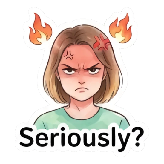 Angry young woman with fire symbols above her head Modern Girl Expressions sticker for expressive chats and social replies.