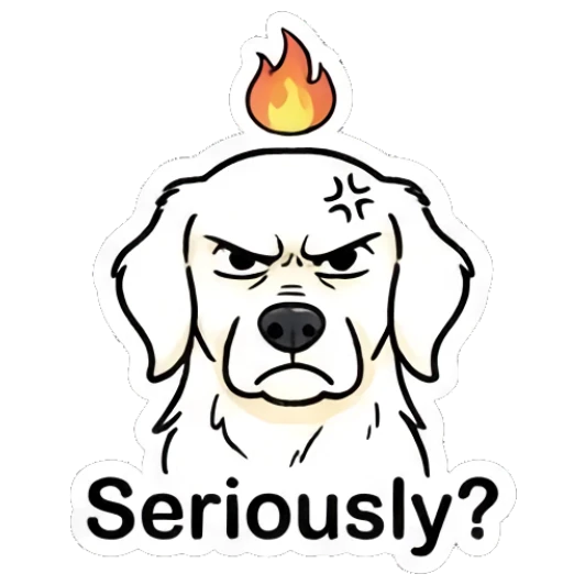Angry golden retriever with a flame icon and text 'Seriously?' Golden Retriever Daily Vibes sticker for expressive chats and social replies.