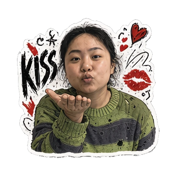 年轻女性送出飞吻，表情俏皮，文字KISS Punk Girl Daily Vibes sticker for expressive chats and social replies.