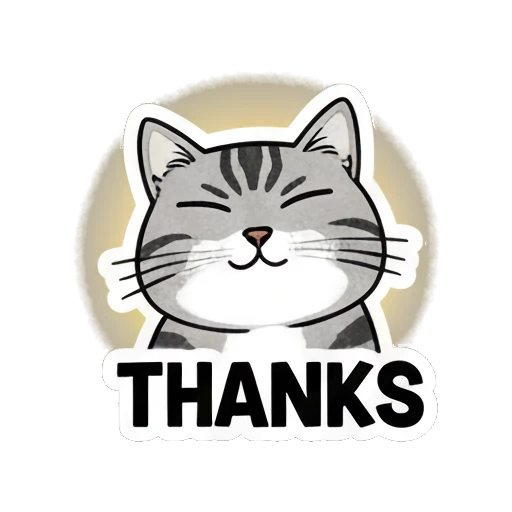 Gray cat looking grateful with glowing aura saying THANKS Gray Tabby Moods sticker for expressive chats and social replies.