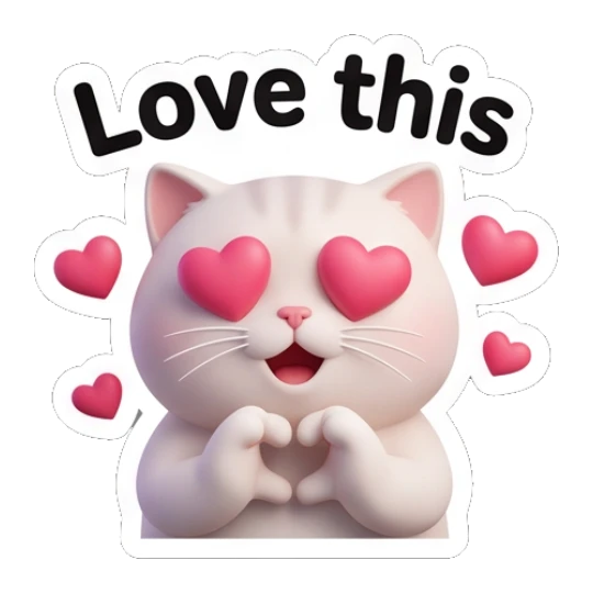 White cat with heart-shaped eyes making a heart gesture saying Love this. Whimsical White Cat Adventures sticker for expressive chats and social replies.