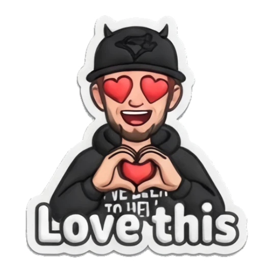 Guy making heart hands with text Love this Cool Guy Daily Vibes sticker for expressive chats and social replies.