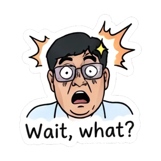 Man looking shocked with 'Wait, what?' text Office Guy Daily Vibes sticker for expressive chats and social replies.