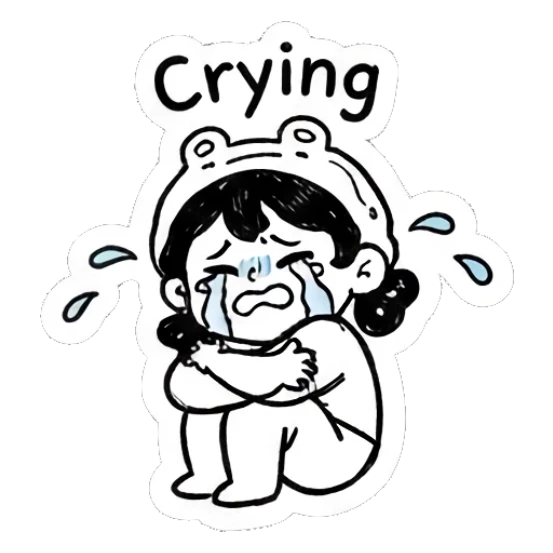 Girl in frog hat crying while sitting Froggy Girl Doodles sticker for expressive chats and social replies.