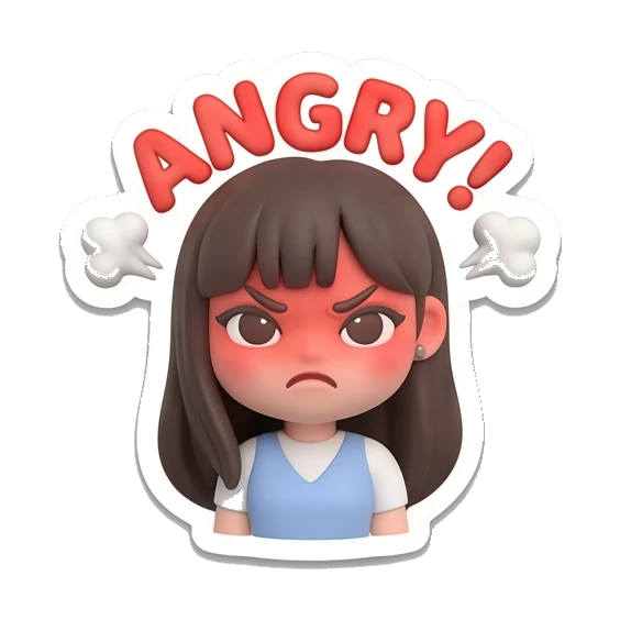 Girl looking angry with steam vents and text ANGRY Cute Girl Daily Expressions sticker for expressive chats and social replies.