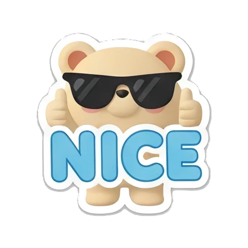 Bear wearing sunglasses gives double thumbs up with NICE text. Cheerful Clay Bear Buddies sticker for expressive chats and social replies.