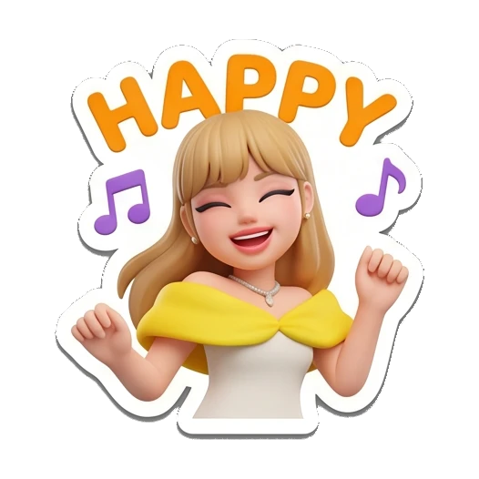 Blonde girl dancing with music notes, happy expression. Golden Girl Daily Vibes sticker for expressive chats and social replies.