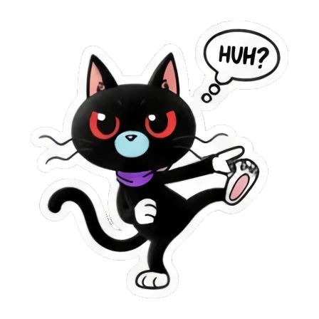Confused black cat looking back with huh text. Cool Black Cat Daily sticker for expressive chats and social replies.