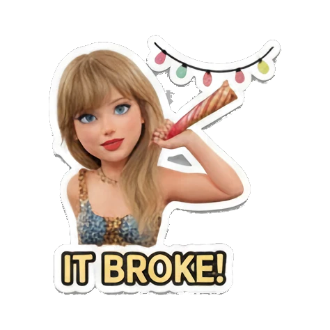 Blonde girl holding a broken party horn with 'IT BROKE!' text, sad. Pop Star Party Vibes sticker for expressive chats and social replies.