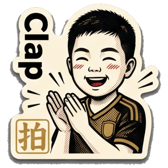 Boy clapping hands enthusiastically, showing appreciation. Young Soccer Fan Expressions sticker for expressive chats and social replies.