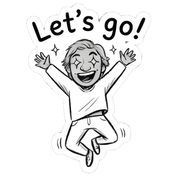 Character jumping with excitement and star eyes saying Let's go! Daily Doodle Life sticker for expressive chats and social replies.