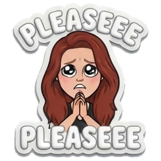 Red-haired girl begging with hands together, text PLEASEEE Red-Haired Girl Daily Moods sticker for expressive chats and social replies.