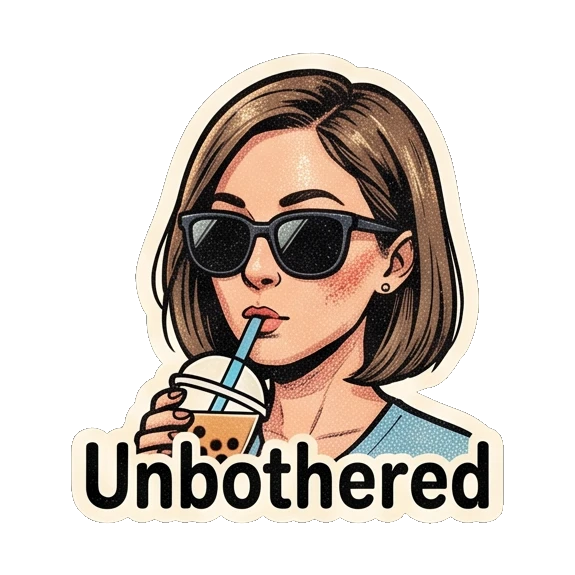 Young woman wearing sunglasses drinking boba with 'Unbothered' text Retro Comic Girl Expressions sticker for expressive chats and social replies.