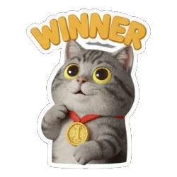 Gray tabby cat wearing a gold medal with WINNER text Cheerful Gray Tabby Cat sticker for expressive chats and social replies.