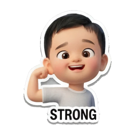 Strong baby flexing arm 'STRONG' Baby's Daily Moods sticker for expressive chats and social replies.