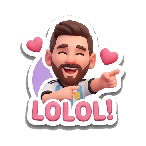 Messi character laughing and pointing, text 'LOLOL' Messimotes: Pure Emotion sticker for expressive chats and social replies.