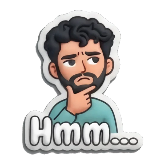 Man in a thoughtful pose with hand on chin and 'Hmm...' text. Curly Beard Guy Daily Vibes sticker for expressive chats and social replies.