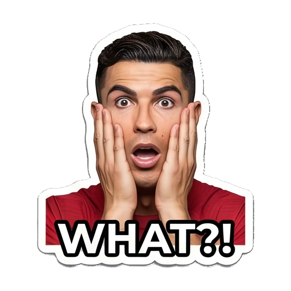 Cristiano Ronaldo looking shocked with hands on face and WHAT?! text Cristiano Ronaldo Expressions sticker for expressive chats and social replies.