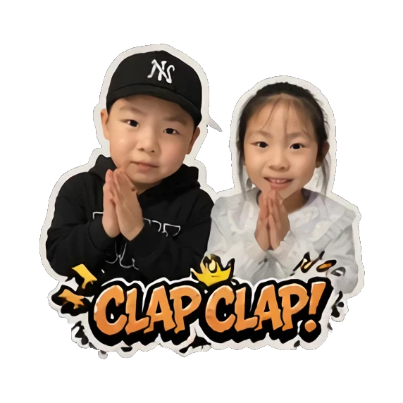 Boy and girl clapping hands with CLAP CLAP text Hip-hop Kids Duo sticker for expressive chats and social replies.
