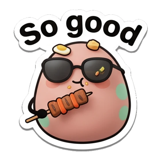 Egg eating a skewer with food crumbs and text So good Little Egg Buddies sticker for expressive chats and social replies.