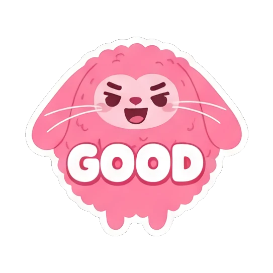 Pink bunny looking confident with 'GOOD' text. Pink Fluffy Bunny Emotions sticker for expressive chats and social replies.
