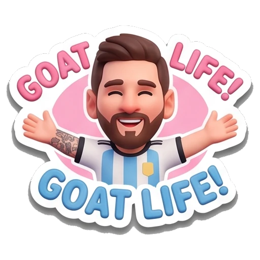 Messi character cheering with arms wide open, text 'GOAT LIFE' Messimotes: Pure Emotion sticker for expressive chats and social replies.