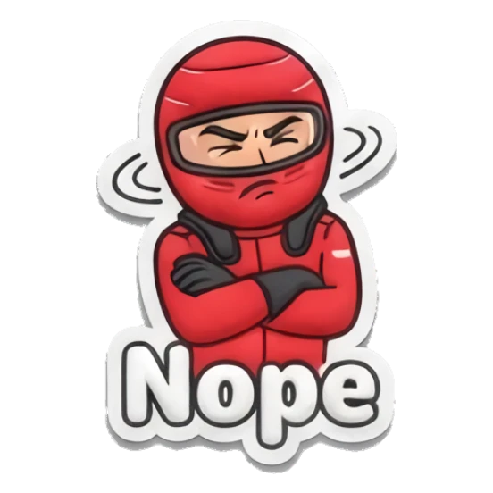 Racer shaking head in disagreement Red Racer Mascot sticker for expressive chats and social replies.