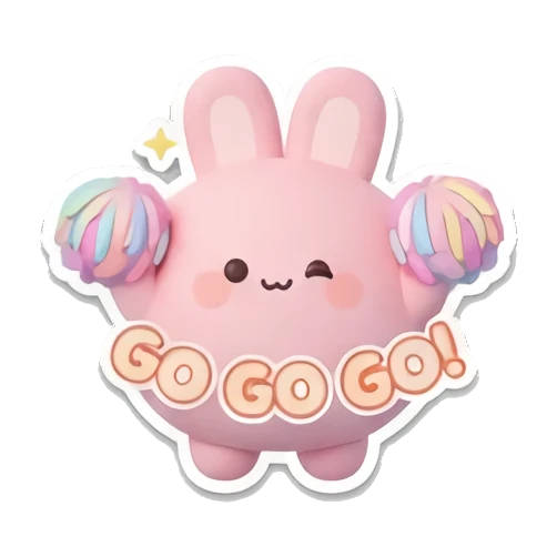 Pink bunny holding pom-poms with GO GO GO text. Pink Bunny Daily Moods sticker for expressive chats and social replies.