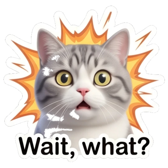 Grey cat looking shocked with Wait what text Cute Grey Tabby Expressions sticker for expressive chats and social replies.