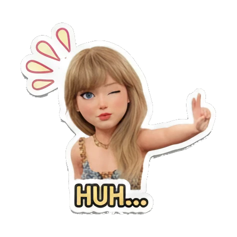 Blonde girl waving hand dismissively with 'HUH...' text, confused. Pop Star Party Vibes sticker for expressive chats and social replies.