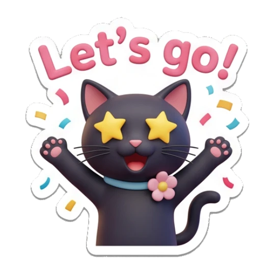 Excited black cat with star eyes, text Let's go. Playful Black Cat Daily sticker for expressive chats and social replies.
