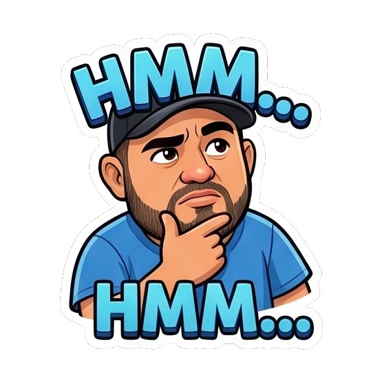 Bearded man thinking with a hand on his chin, 'Hmm...'. Bearded Guy Daily Vibes sticker for expressive chats and social replies.