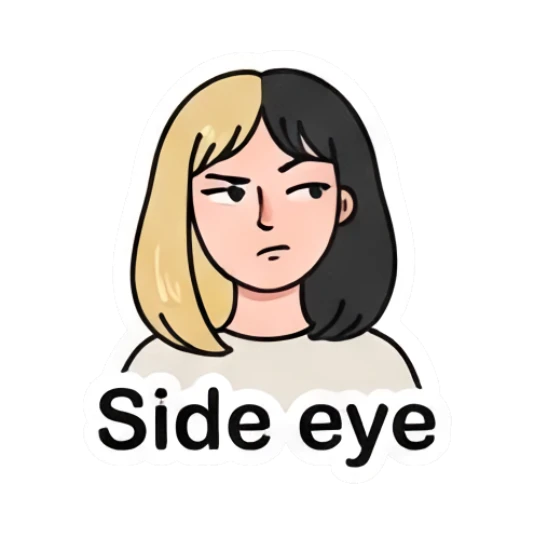 双色发女孩斜眼看人，文字Side eye Two-Tone Girl Daily Vibes sticker for expressive chats and social replies.