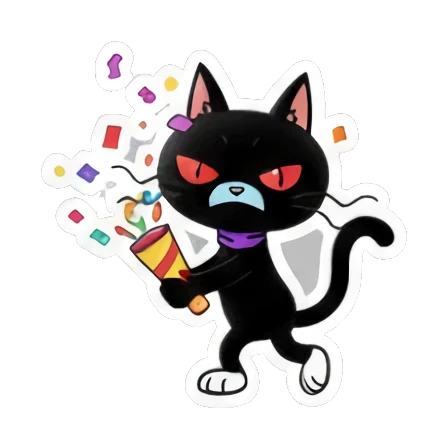 Black cat celebrating with a party popper. Cool Black Cat Daily sticker for expressive chats and social replies.