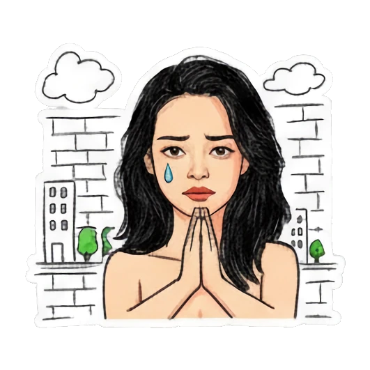 Girl praying with sad expression in front of city background Doodle Girl Daily Vibes sticker for expressive chats and social replies.