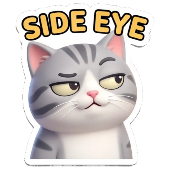 Skeptical tabby cat giving a side eye with text SIDE EYE Cheerful Tabby Cat Daily sticker for expressive chats and social replies.