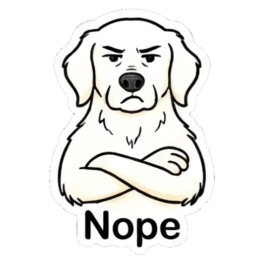 Stern golden retriever with arms crossed and text 'Nope' Golden Retriever Daily Vibes sticker for expressive chats and social replies.