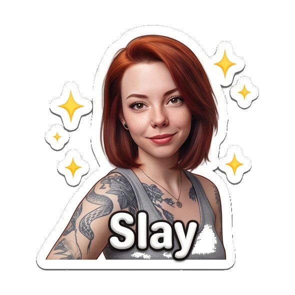 Confident red-haired girl posing with sparkles. Red-Haired Girl Expressions sticker for expressive chats and social replies.