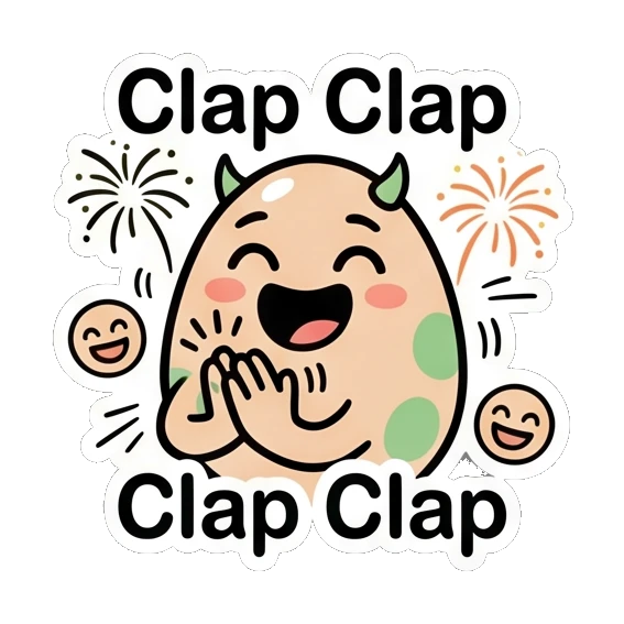 Joyful egg clapping hands with fireworks saying Clap Clap. Little Spotted Egg Emotions sticker for expressive chats and social replies.