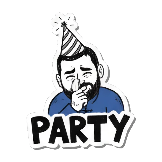 Party man with hat, "PARTY!" Bearded Guy's Moods sticker for expressive chats and social replies.