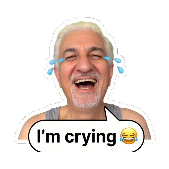 Man laughing with tears and 'I'm crying' text. Silver Fox Daily Vibes sticker for expressive chats and social replies.